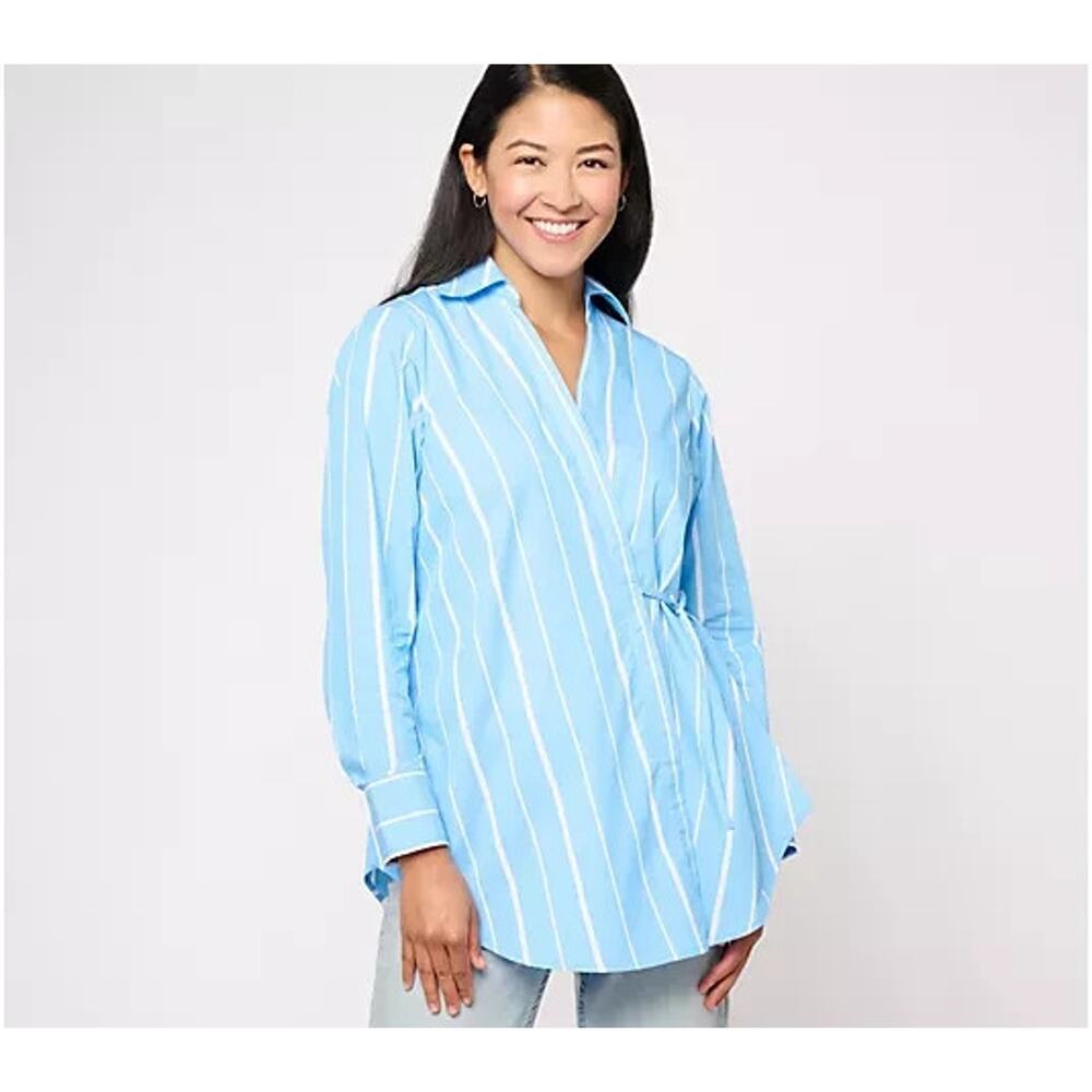 Studio Park x Leah Williams Woven Collared Wrap Shirt Sky Blue Size XS Classic